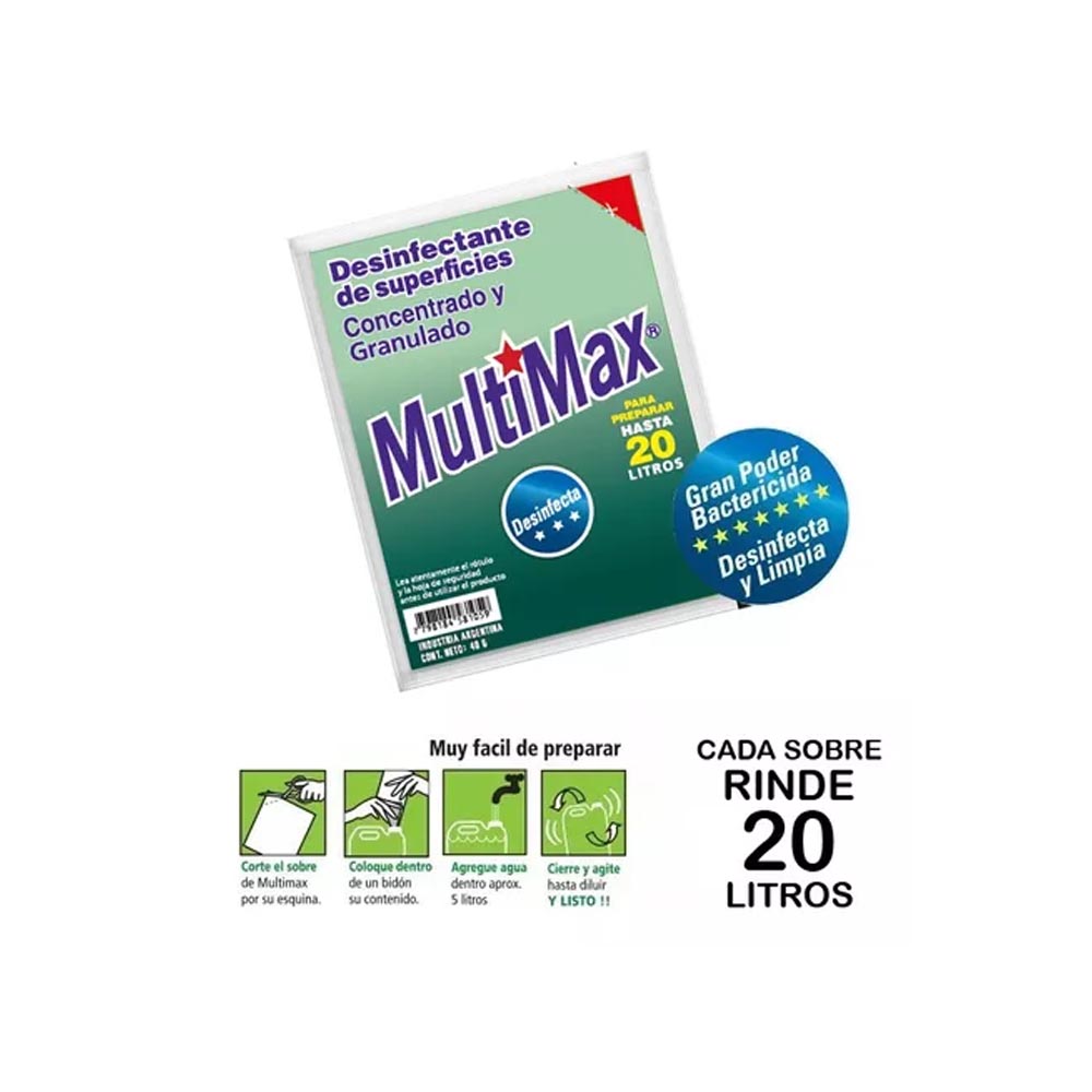 Multimax Desinfectante De Superficies Concentrado y Granulado x 40 gr. Rinde Hasta 20 Litros.